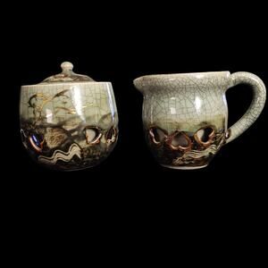 Japanese Stoneware Creamer Sugar Set Pierced Heart Crackle Glaze Vintage